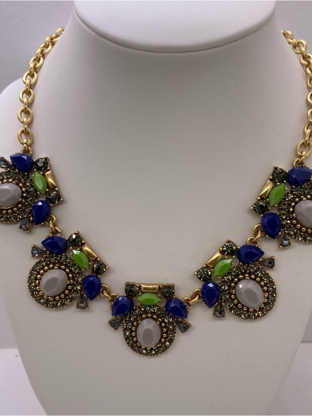 J. Crew Gold Statement Necklace with Blue and Green Crystal Accents